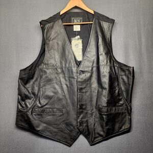 KS Leather Vest Mens 3XL Black Genuine Button Front Waistcoat Back Buckle Lined